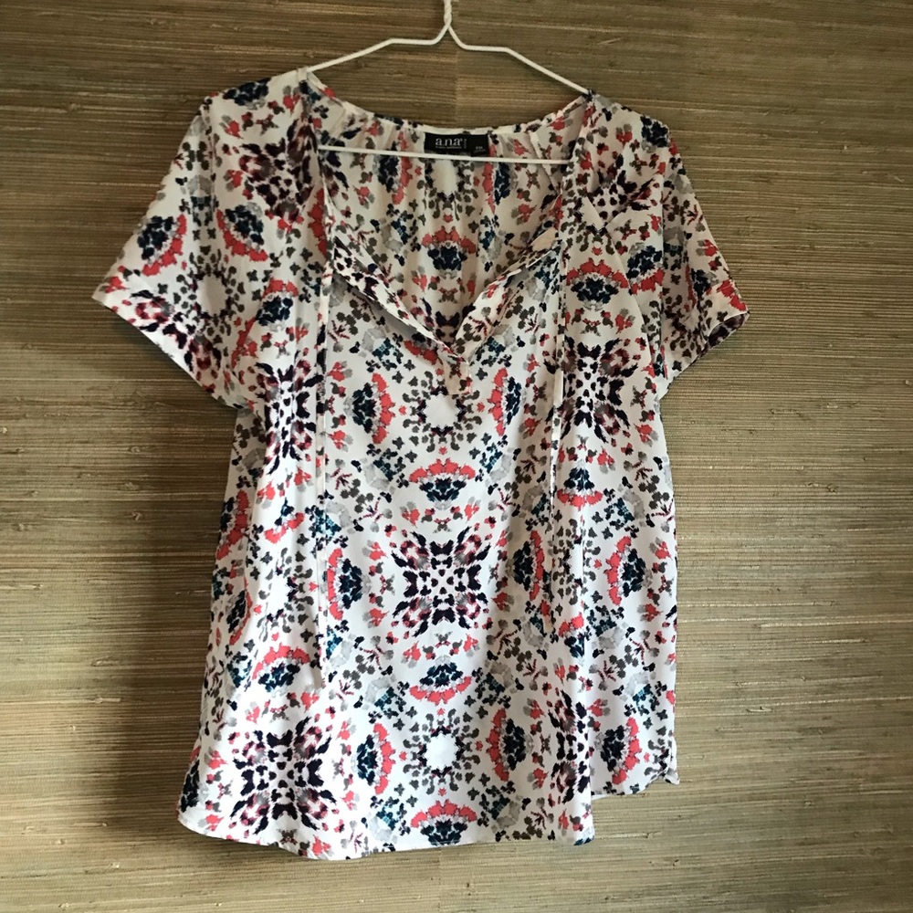 A.N.A. Floral Print Flowy Top, Lightweight Shirt, Tie Front, MP